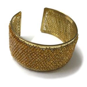 Handmade Glass Bead Cuff Bracelet Gold Color NWOT